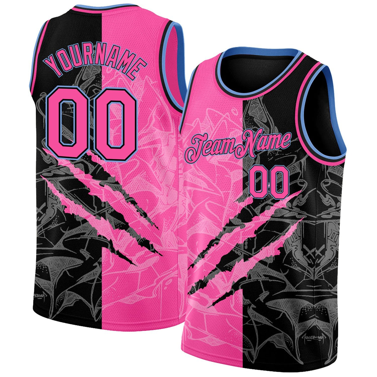 Custom Graffiti Pattern Pink Black-Light Blue 3D Scratch Authentic Basketball Jersey photo 1