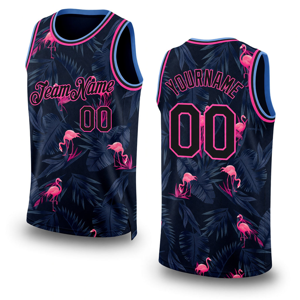 Custom Black Pink-Light Blue 3D Pattern Design Flamingo Authentic Basketball Jersey