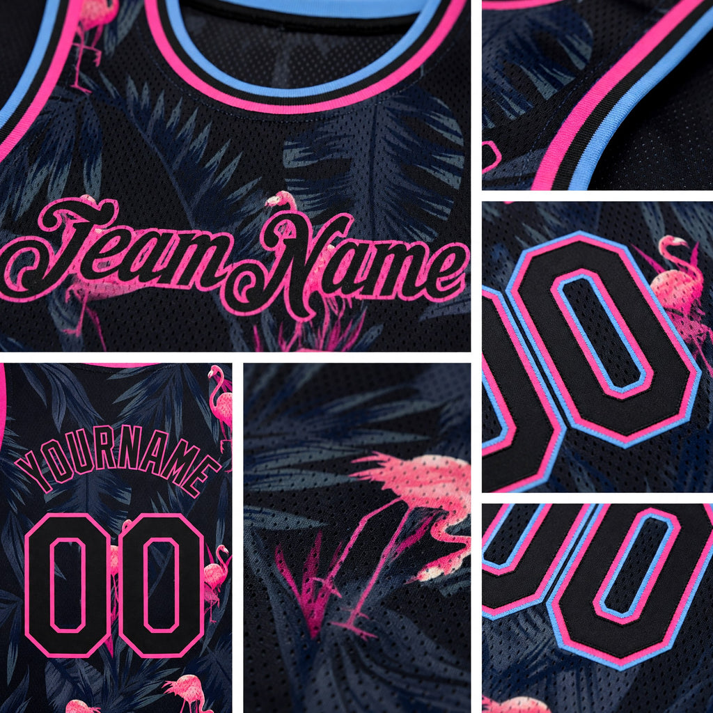 Custom Black Pink-Light Blue 3D Pattern Design Flamingo Authentic Basketball Jersey detail