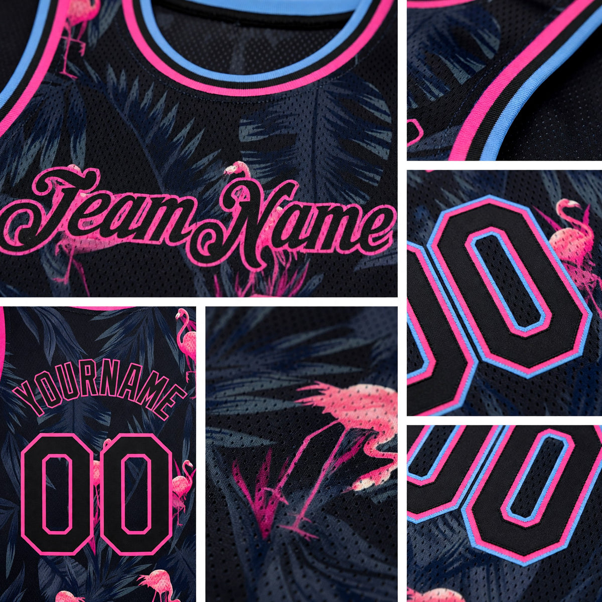 Custom Black Pink-Light Blue 3D Pattern Design Flamingo Authentic Basketball Jersey detail