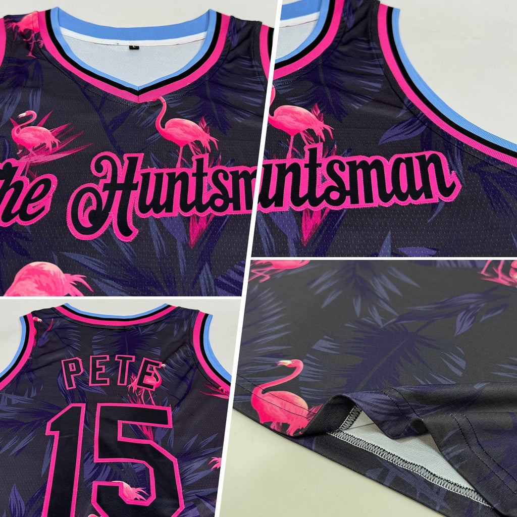 Custom Black Pink-Light Blue 3D Pattern Design Flamingo Authentic Basketball Jersey photo 2