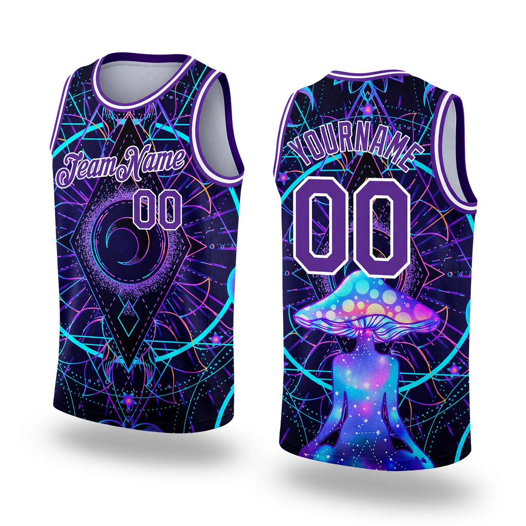Custom Purple White 3D Pattern Design Magic Mushrooms Over Sacred Geometry Psychedelic Hallucination Authentic Basketball Jersey