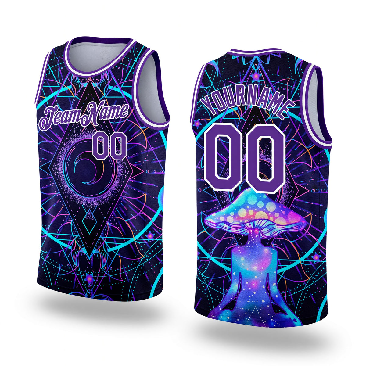 Custom Purple White 3D Pattern Design Magic Mushrooms Over Sacred Geometry Psychedelic Hallucination Authentic Basketball Jersey