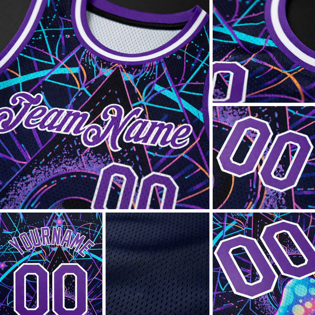 Custom Purple White 3D Pattern Design Magic Mushrooms Over Sacred Geometry Psychedelic Hallucination Authentic Basketball Jersey detail