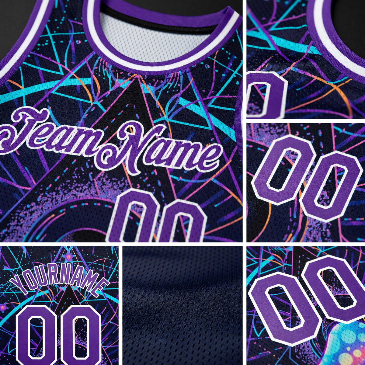 Custom Purple White 3D Pattern Design Magic Mushrooms Over Sacred Geometry Psychedelic Hallucination Authentic Basketball Jersey detail