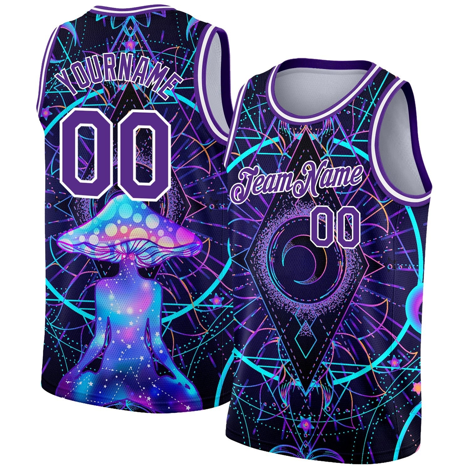 Custom Purple White 3D Pattern Design Magic Mushrooms Over Sacred Geometry Psychedelic Hallucination Authentic Basketball Jersey photo 1