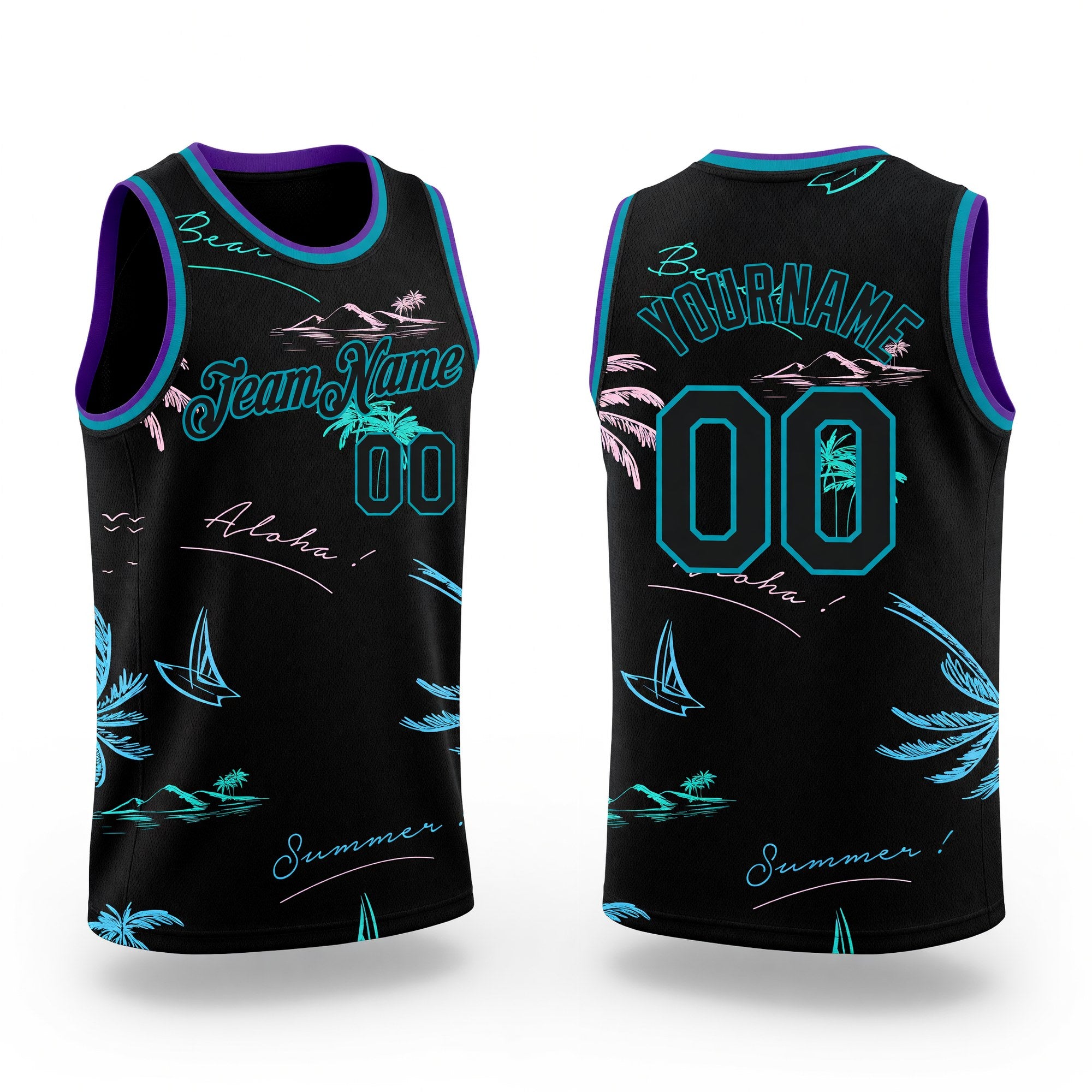 Custom Black Teal 3D Pattern Tropical Hawaii Palm Trees Authentic Basketball Jersey