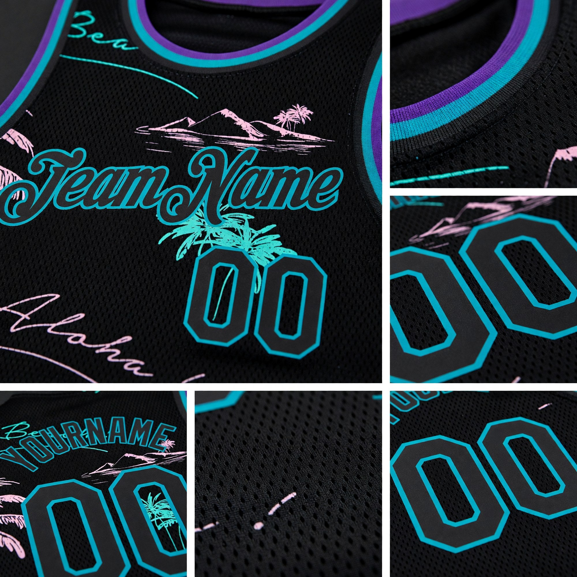 Custom Black Teal 3D Pattern Tropical Hawaii Palm Trees Authentic Basketball Jersey detail