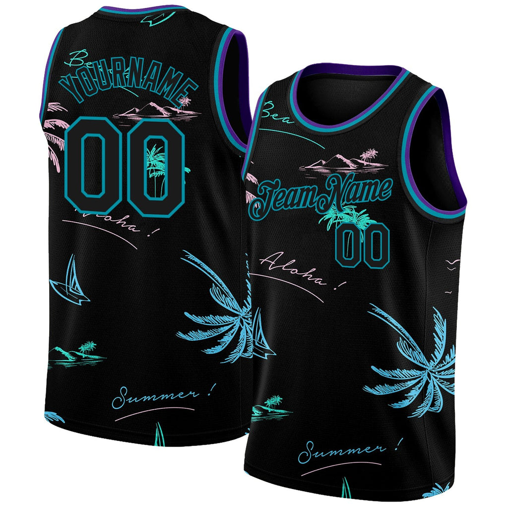 Custom Black Teal 3D Pattern Tropical Hawaii Palm Trees Authentic Basketball Jersey photo 1