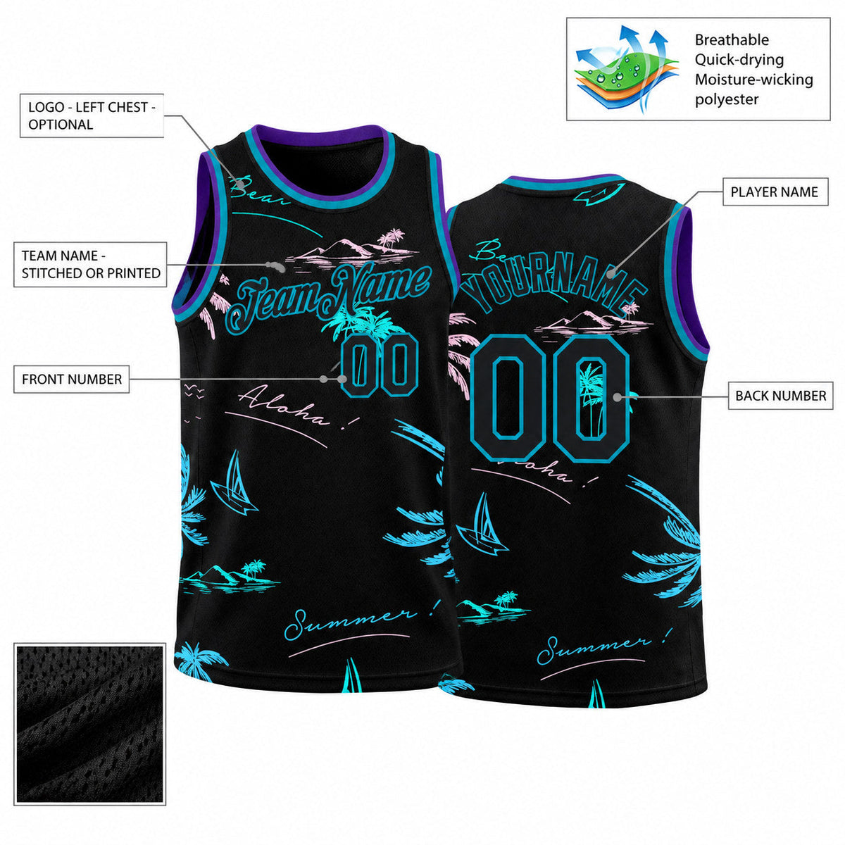 Custom Black Tropical Hawaii Palm Trees Authentic Basketball Jersey with Teal Lettering customization guide