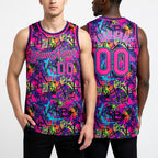 Custom Graffiti Pattern Pink Black-Lakes Blue 3D Grunge Art Authentic Basketball Jersey worn front and back