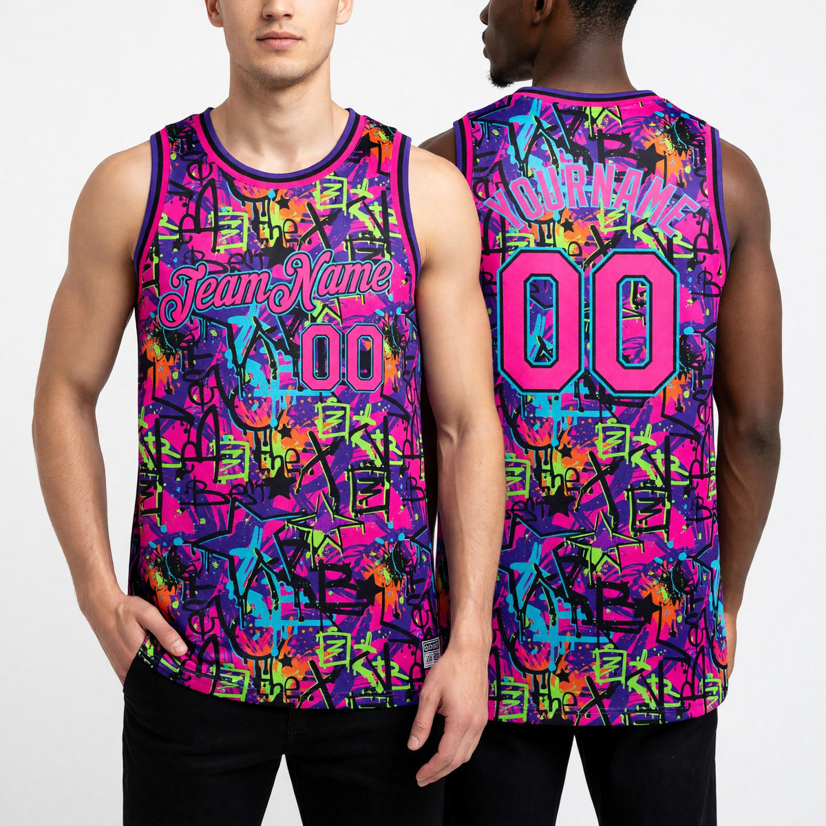 Custom Graffiti Pattern Pink Black-Lakes Blue 3D Grunge Art Authentic Basketball Jersey worn front and back