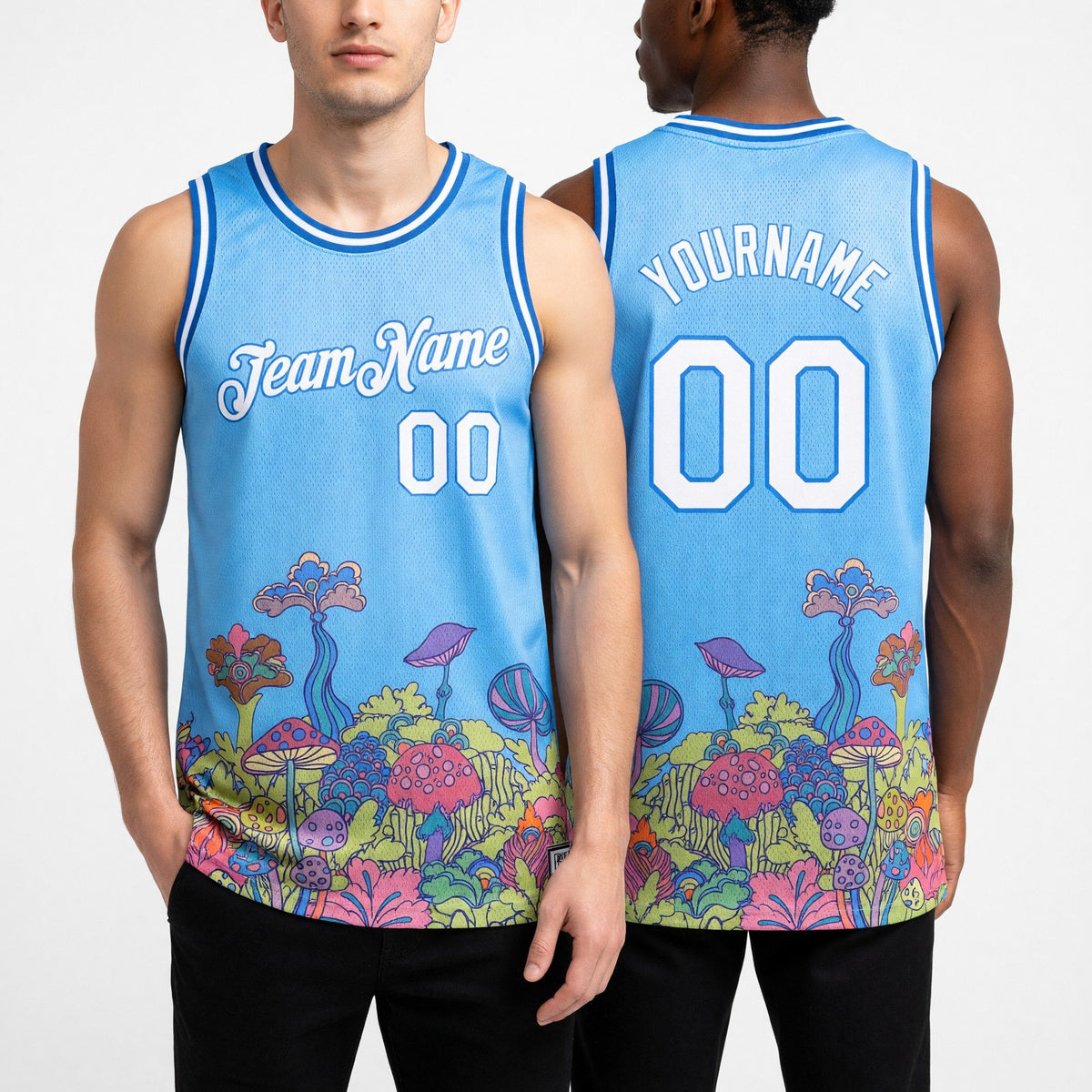 Custom White Light Blue 3D Pattern Design Colorful Flowers And Mushrooms Psychedelic Hallucination Authentic Basketball Jersey worn front and back