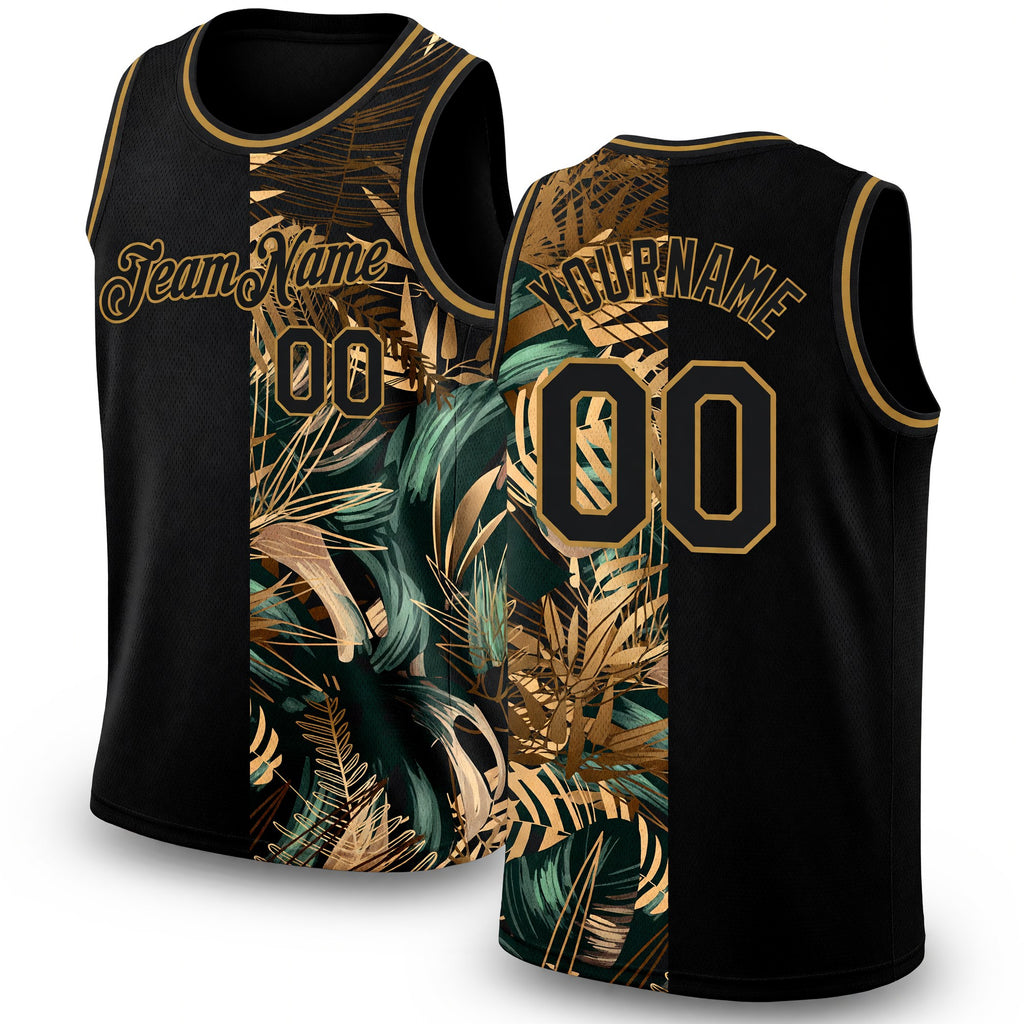 Custom Black Old Gold 3D Pattern Tropical Hawaii Palm Leaves Authentic Basketball Jersey