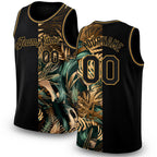 Custom Black Old Gold 3D Pattern Tropical Hawaii Palm Leaves Authentic Basketball Jersey