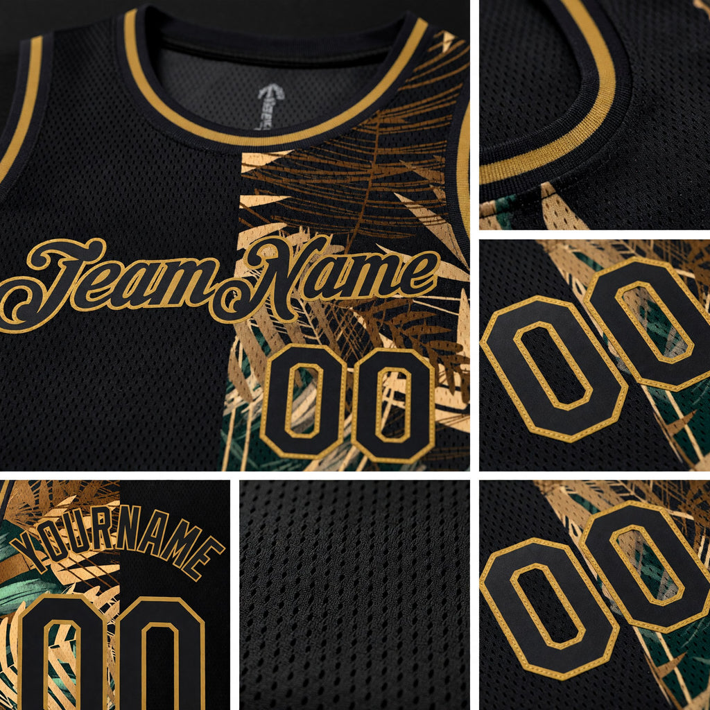 Custom Black Old Gold 3D Pattern Tropical Hawaii Palm Leaves Authentic Basketball Jersey detail