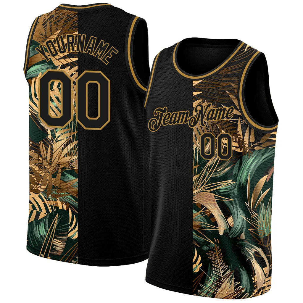 Custom Black Old Gold 3D Pattern Tropical Hawaii Palm Leaves Authentic Basketball Jersey photo 1