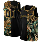 Custom Black Old Gold 3D Pattern Tropical Hawaii Palm Leaves Authentic Basketball Jersey photo 1