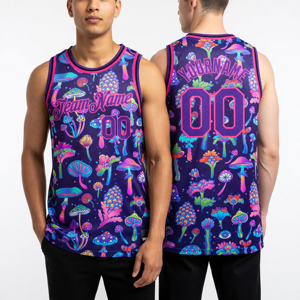 Custom Purple Pink 3D Pattern Design Flowers And Mushrooms Psychedelic Hallucination Authentic Basketball Jersey worn front and back
