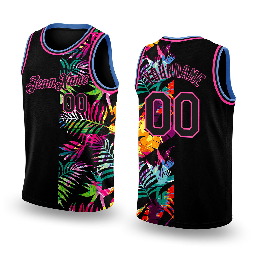 Custom Black Pink-Light Blue 3D PatternTropical Hawaii Palm Leaves Authentic Basketball Jersey