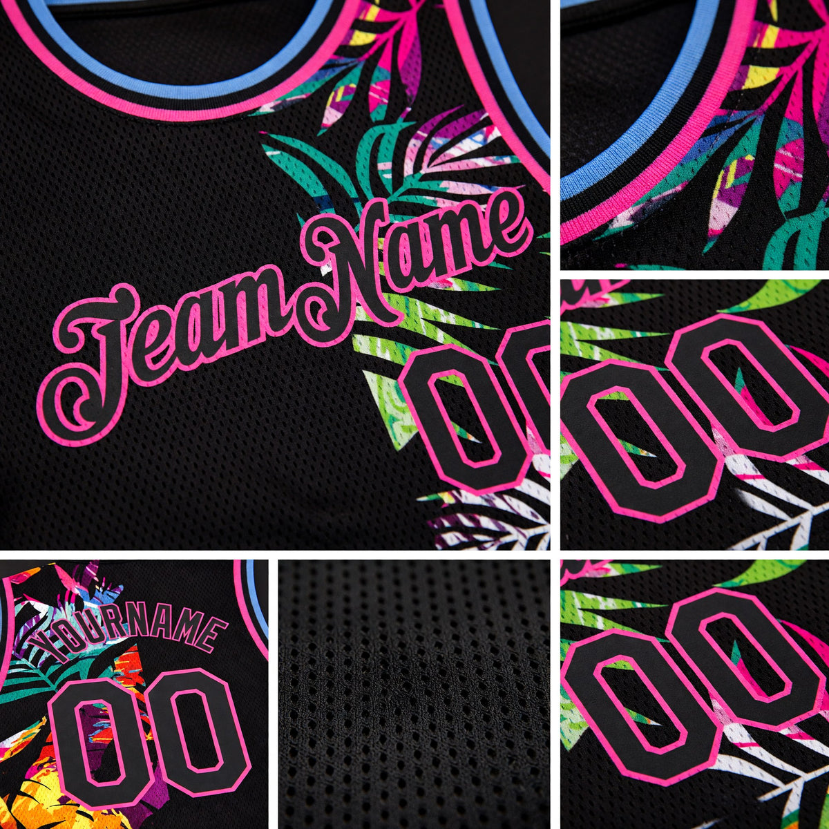 Custom Black Pink-Light Blue 3D PatternTropical Hawaii Palm Leaves Authentic Basketball Jersey detail