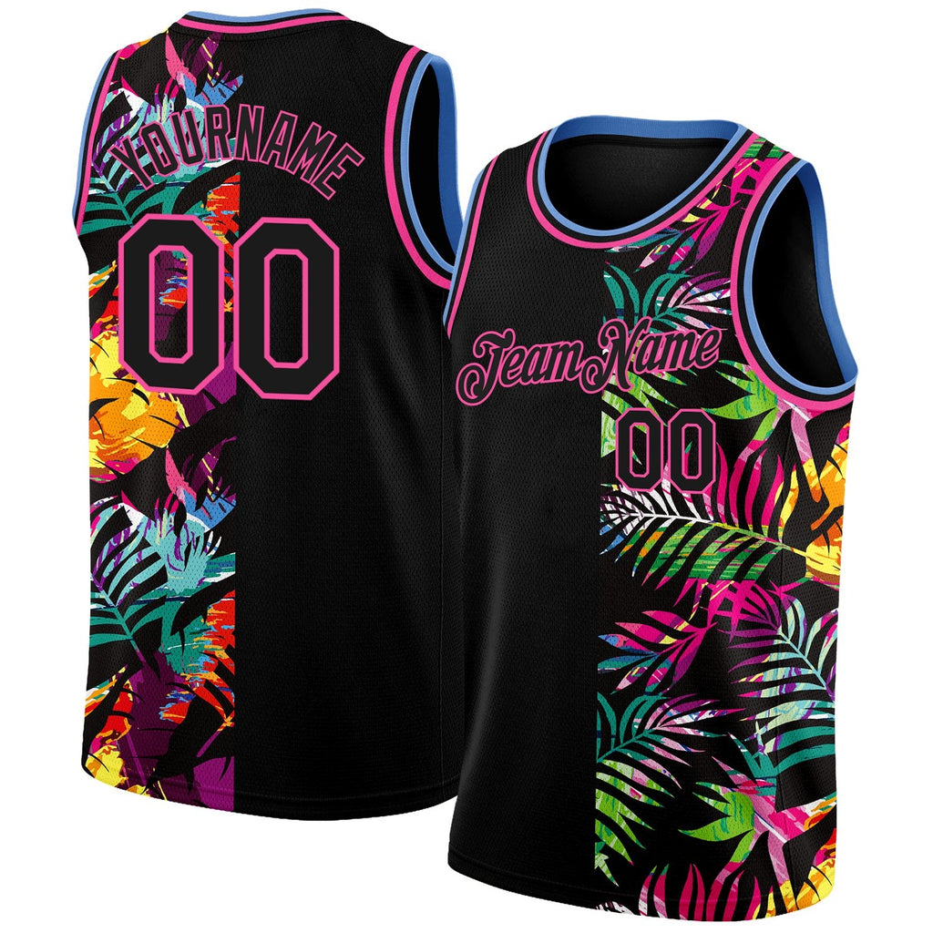 Custom Black Pink-Light Blue 3D PatternTropical Hawaii Palm Leaves Authentic Basketball Jersey photo 1