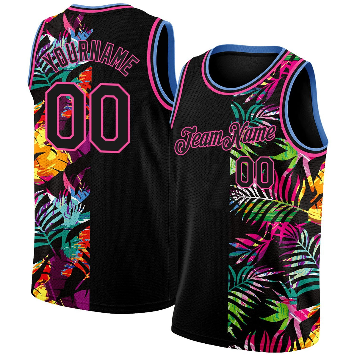 Custom Black Pink-Light Blue 3D PatternTropical Hawaii Palm Leaves Authentic Basketball Jersey photo 1