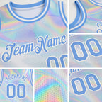 Custom White Light Blue 3D Pattern Design Abstract Trendy Holographic Vaporwave Style Authentic Basketball Jersey detail