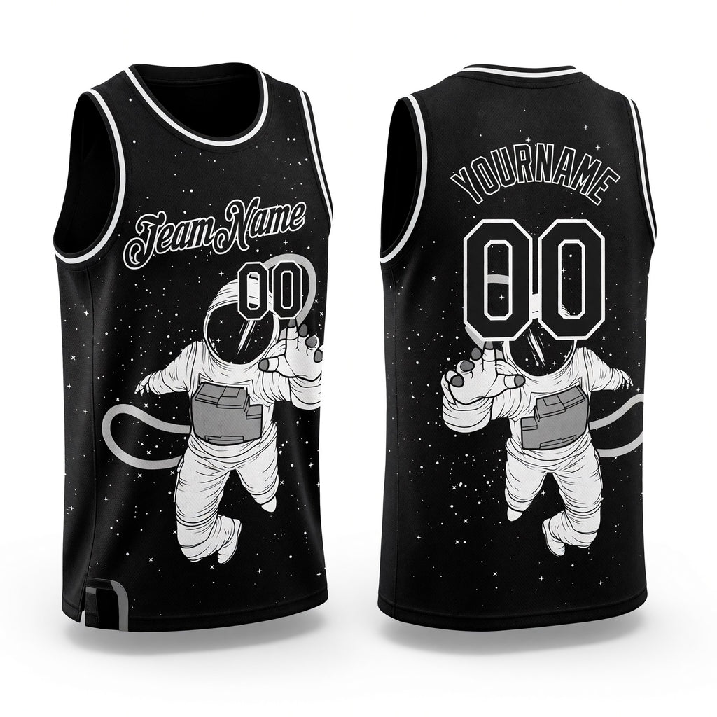Custom Black White 3D Pattern Design Astronaut Authentic Basketball Jersey
