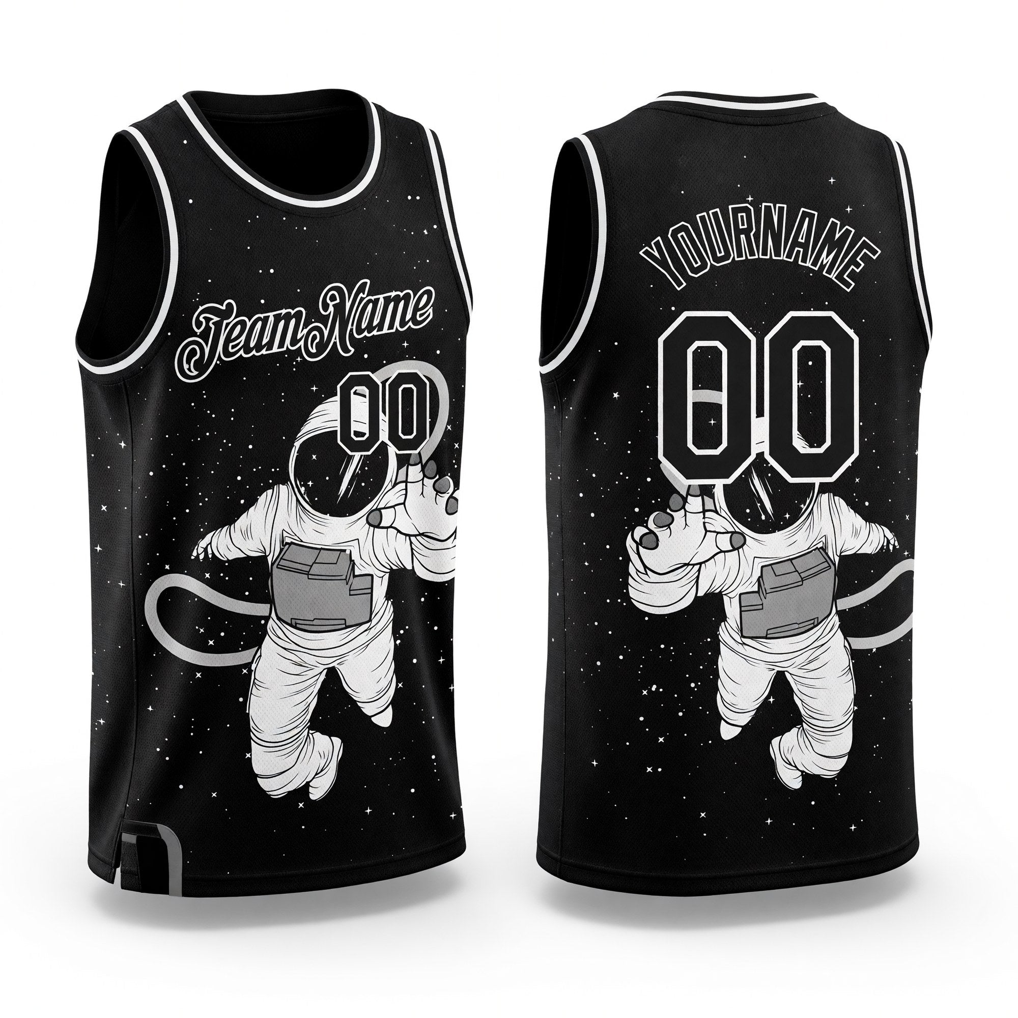 Custom Black White 3D Pattern Design Astronaut Authentic Basketball Jersey