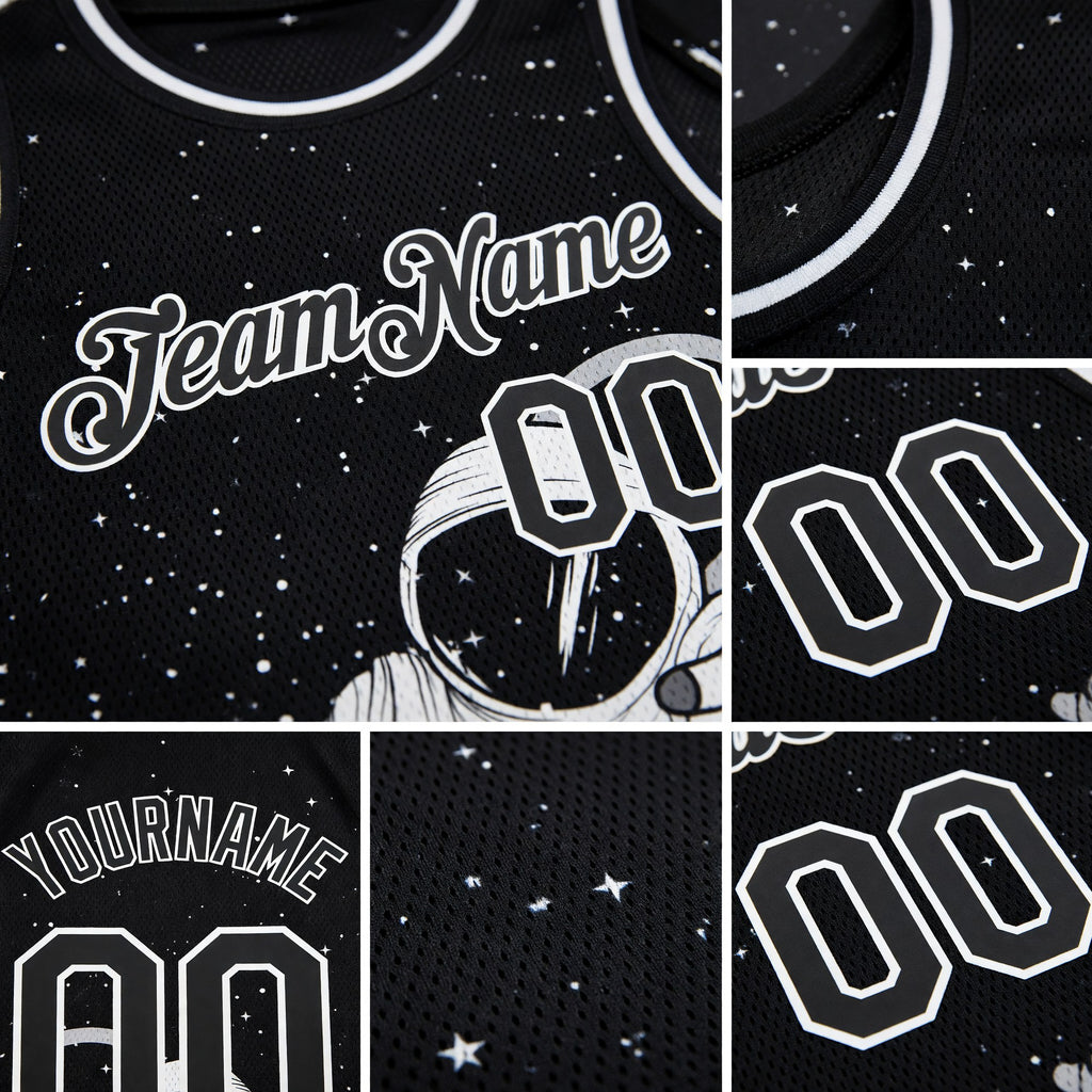 Custom Black White 3D Pattern Design Astronaut Authentic Basketball Jersey detail