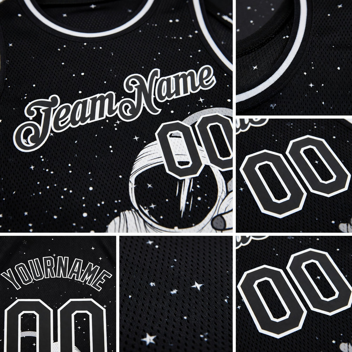 Custom Black White 3D Pattern Design Astronaut Authentic Basketball Jersey detail