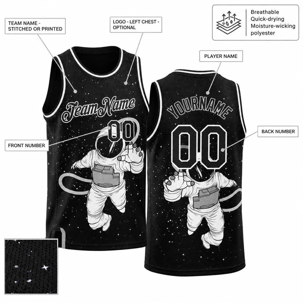 Custom Black Astronaut Authentic Basketball Jersey with White Lettering customization guide