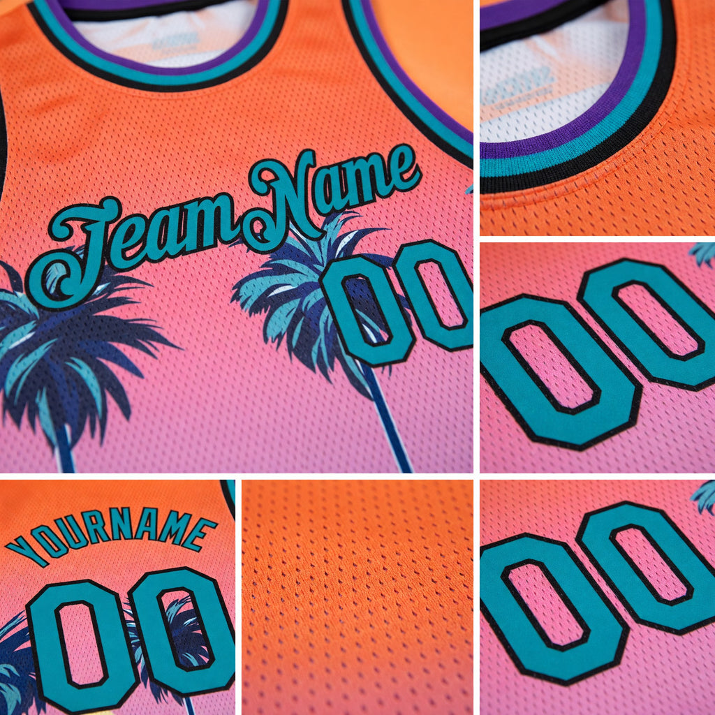 Custom Orange Teal-Black 3D Pattern Sun Beach Hawaii Palm Trees Authentic Basketball Jersey detail