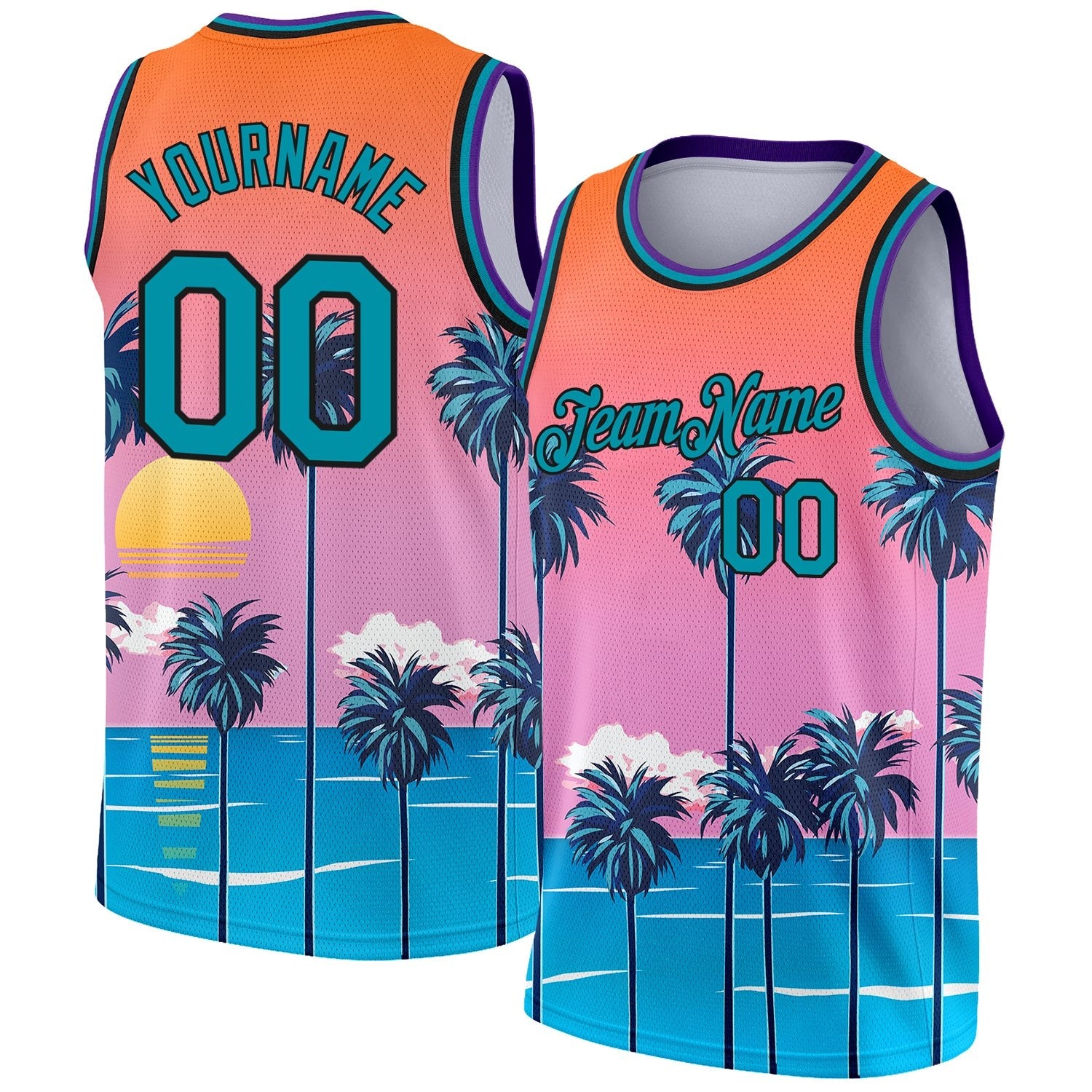 Custom Orange Teal-Black 3D Pattern Sun Beach Hawaii Palm Trees Authentic Basketball Jersey photo 1