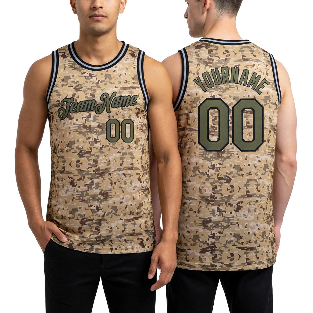 Custom Camo Olive-Black 3D Authentic Salute To Service Basketball Jersey worn front and back