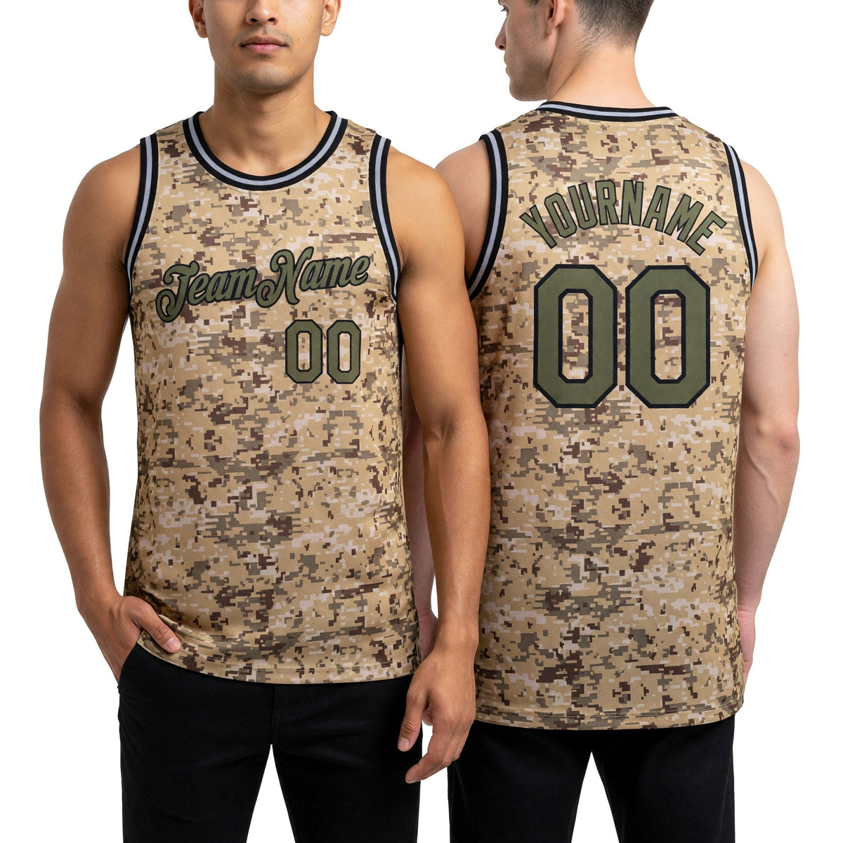 Custom Camo Olive-Black 3D Authentic Salute To Service Basketball Jersey worn front and back