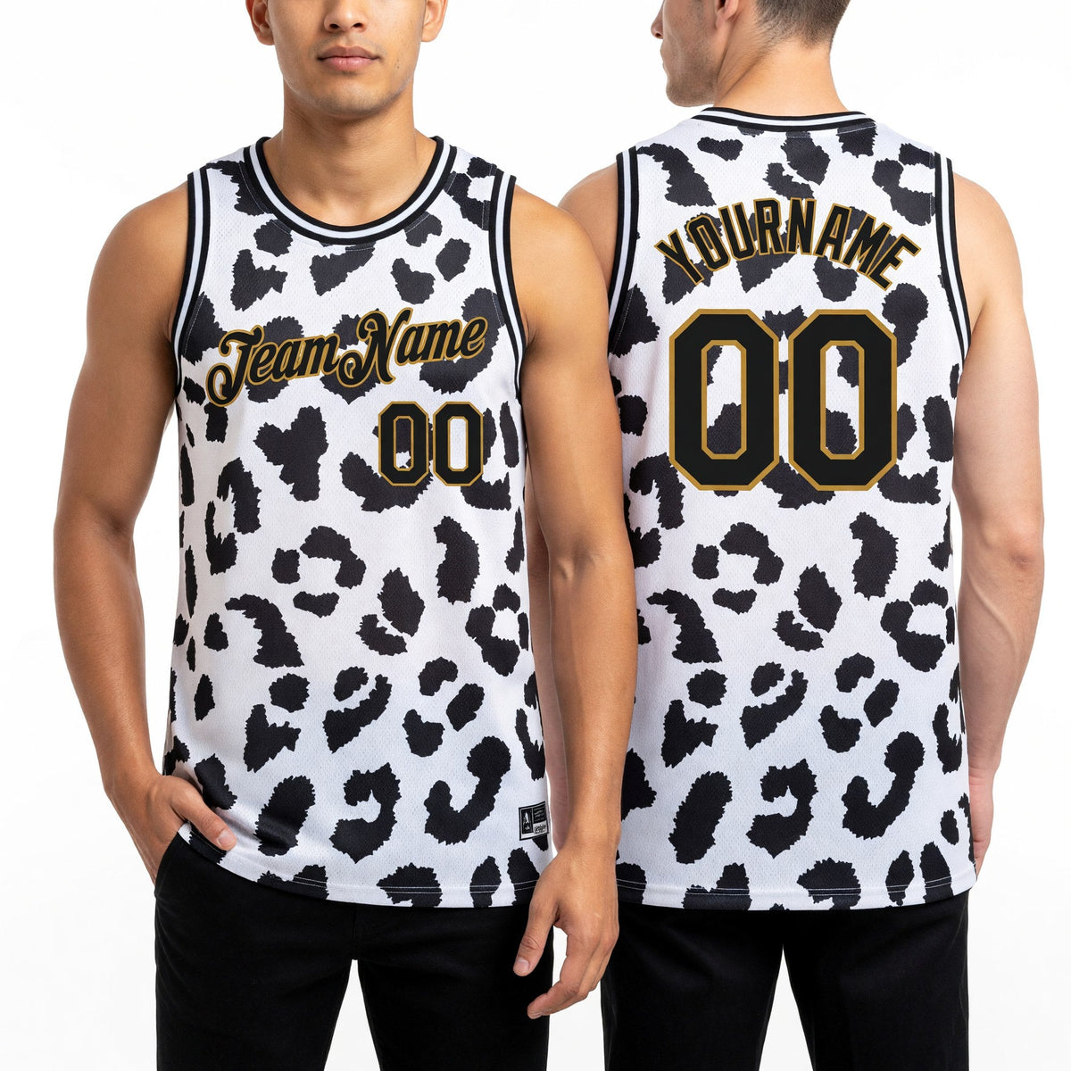 Custom White Black-Old Gold 3D Pattern Design Leopard Print Authentic Basketball Jersey worn front and back