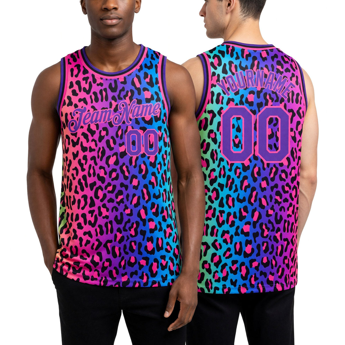 Custom Purple Pink-Black 3D Pattern Design Leopard Print Authentic Basketball Jersey worn front and back