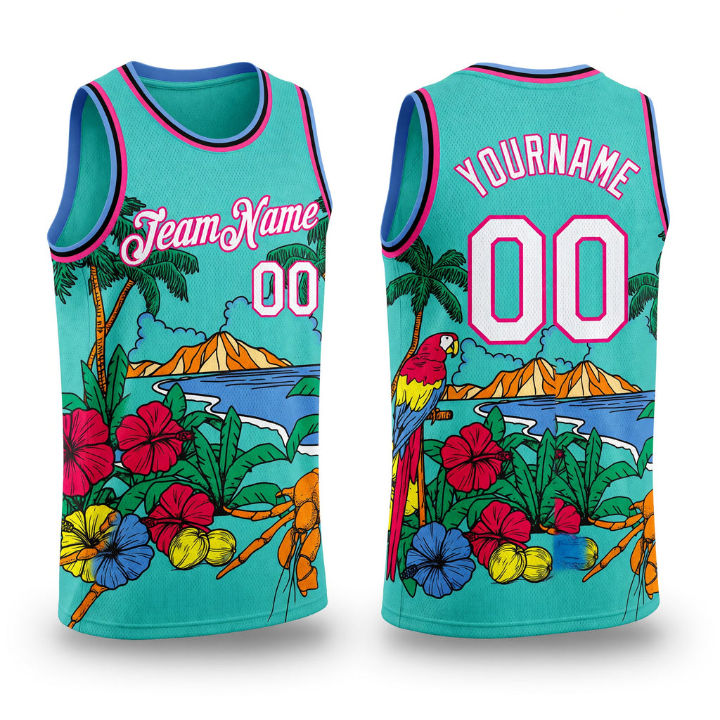 Custom Aqua Pink Light Blue-Black 3D Pattern Tropical Beach Hawaii Palm Trees Authentic Basketball Jersey