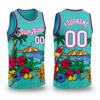 Custom Aqua Pink Light Blue-Black 3D Pattern Tropical Beach Hawaii Palm Trees Authentic Basketball Jersey