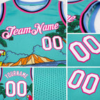 Custom Aqua Pink Light Blue-Black 3D Pattern Tropical Beach Hawaii Palm Trees Authentic Basketball Jersey detail