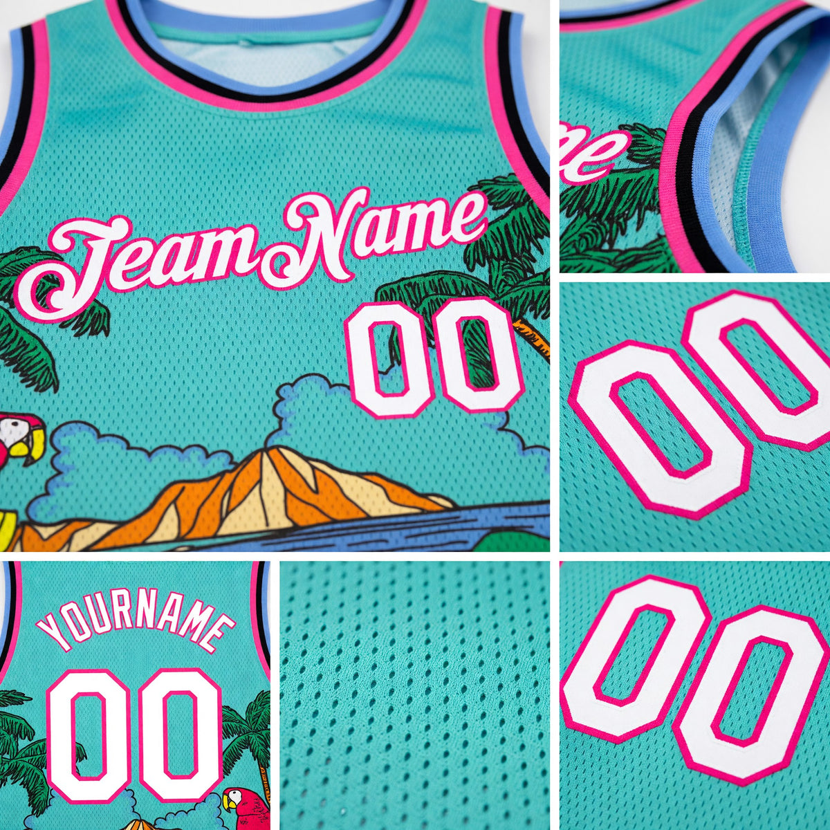 Custom Aqua Pink Light Blue-Black 3D Pattern Tropical Beach Hawaii Palm Trees Authentic Basketball Jersey detail