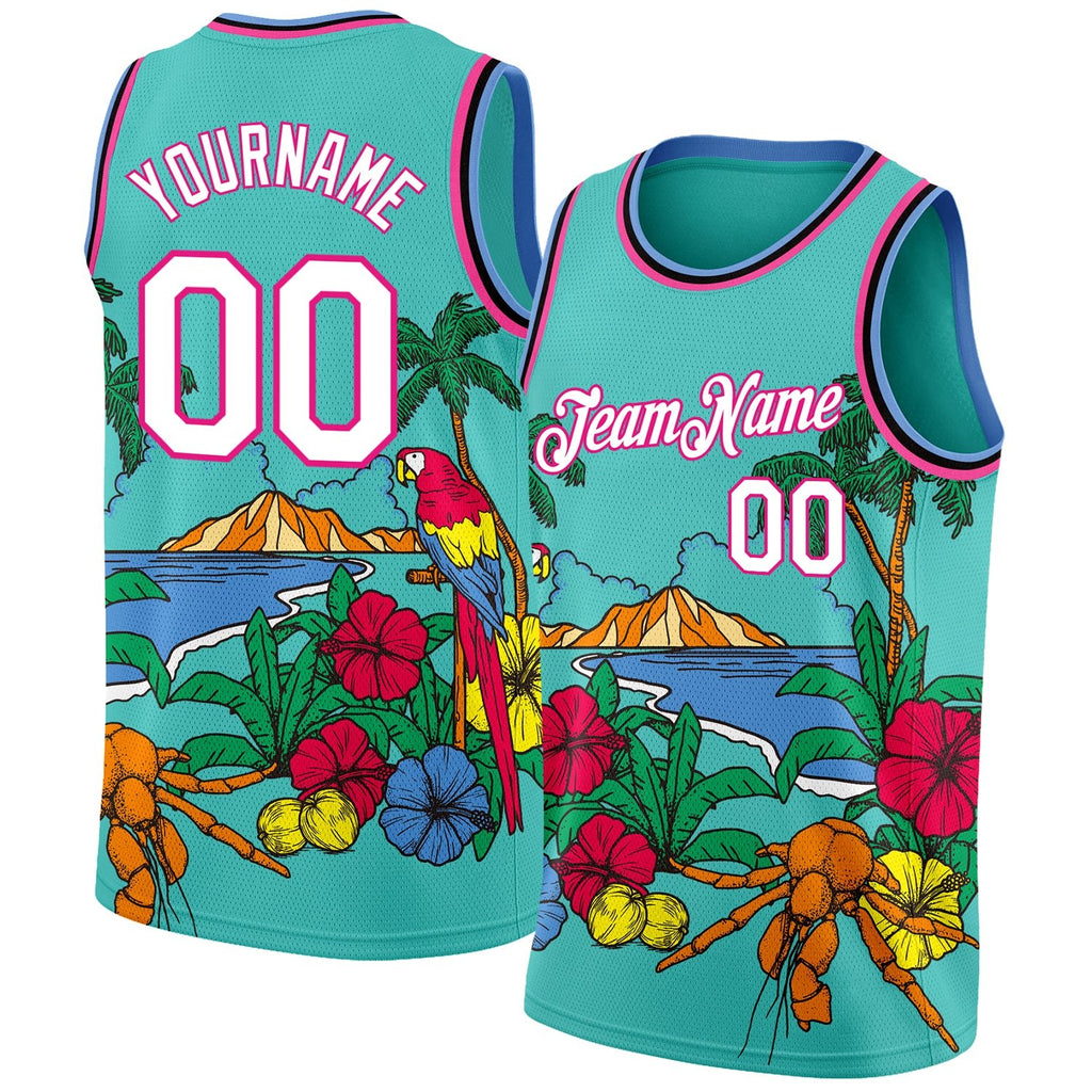 Custom Aqua Pink Light Blue-Black 3D Pattern Tropical Beach Hawaii Palm Trees Authentic Basketball Jersey photo 1