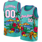 Custom Aqua Pink Light Blue-Black 3D Pattern Tropical Beach Hawaii Palm Trees Authentic Basketball Jersey photo 1