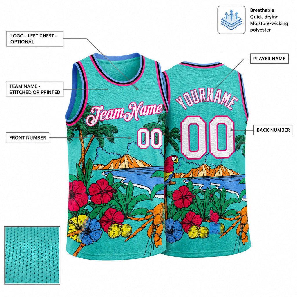 Custom Aqua and Pink Tropical Beach Hawaii Basketball Jersey with Light Blue and Black Lettering customization guide
