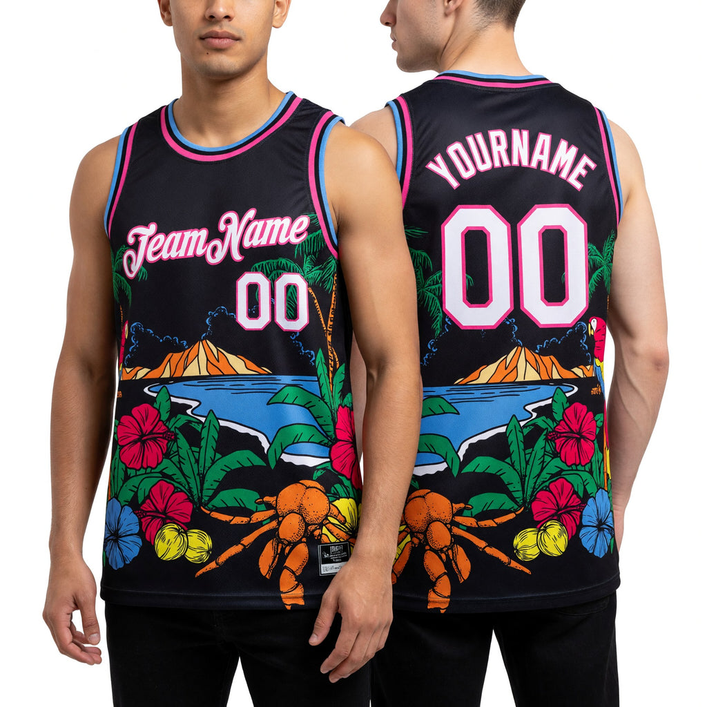 Custom Black White Pink-Light Blue 3D Pattern Tropical Beach Hawaii Palm Trees Authentic Basketball Jersey worn front and back