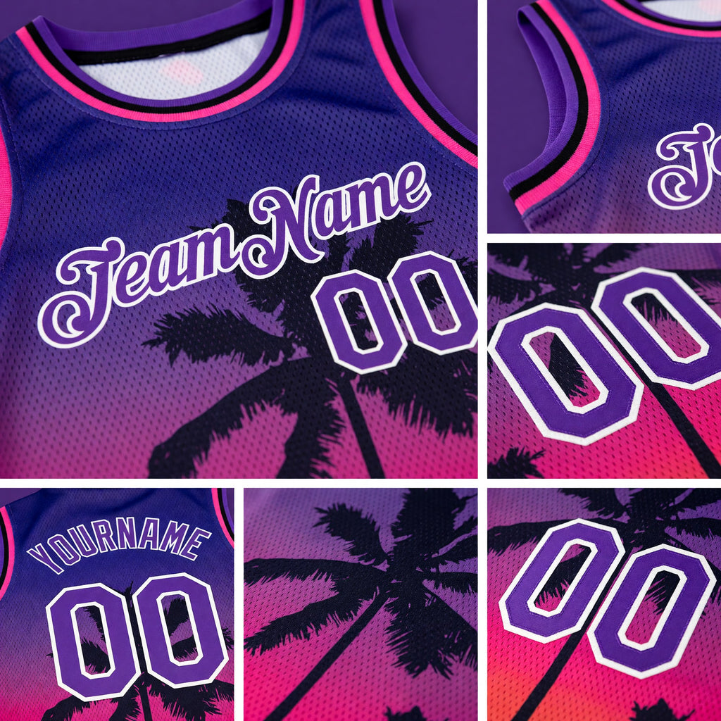 Custom Purple White 3D Pattern Tropical Hawaii Trees Authentic Basketball Jersey detail