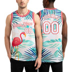 Custom White Red 3D Pattern Tropical Hawaii Leaves And Flamingo Authentic Basketball Jersey worn front and back
