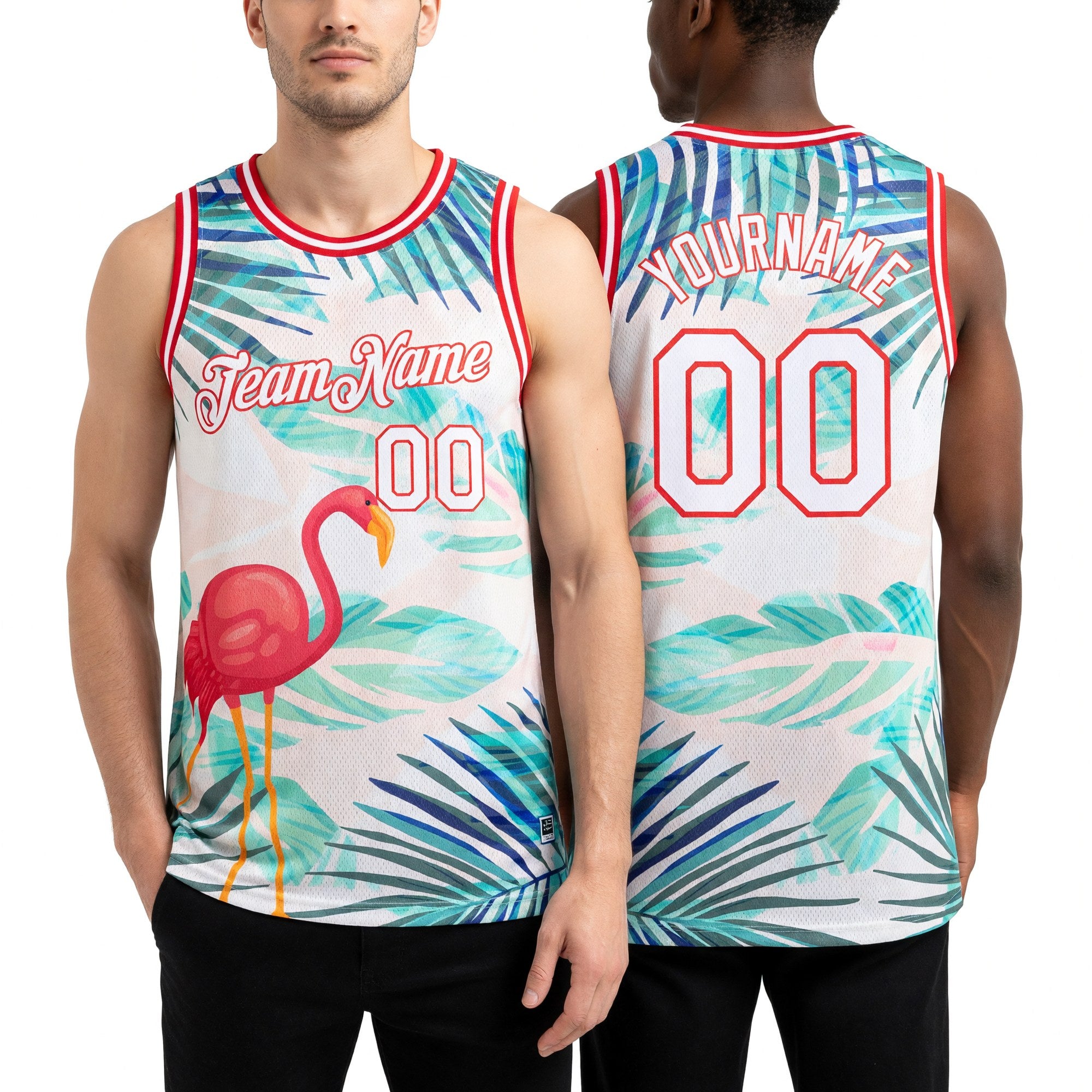 Custom White Red 3D Pattern Tropical Hawaii Leaves And Flamingo Authentic Basketball Jersey worn front and back